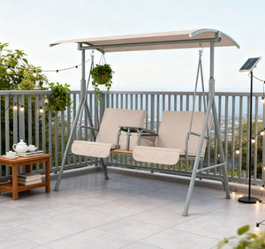 English Elm Outdoor Freestanding Canopy Swing Seat for Two with Mesh Cushions and Steel Frame T3971P418169