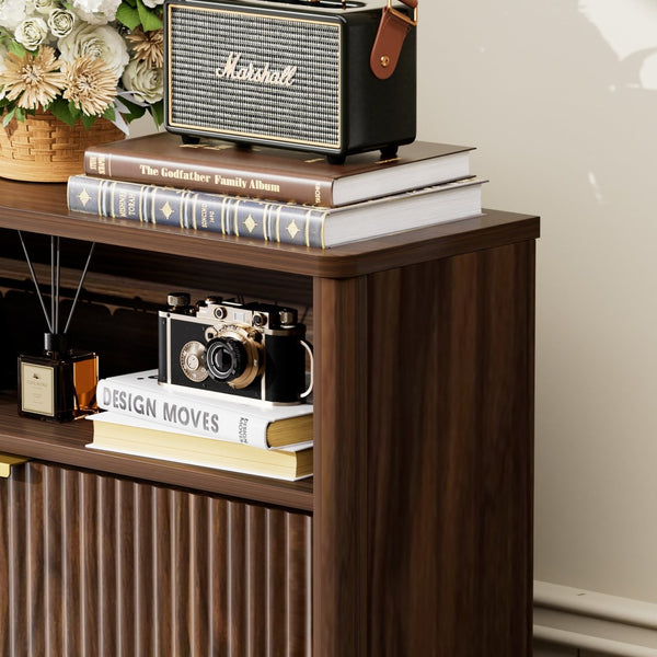 English Elm Shoe Cabinet Slim Entryway Organizer with Flip Compartments Wave Front and Gold Hardware Walnut W1162P384347