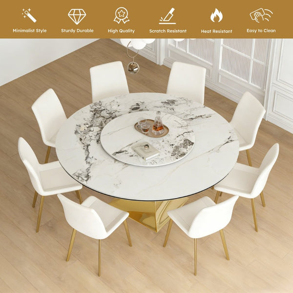 English Elm 59" Round Sintered Stone Table Set Seats Eight with Gold Hourglass Base Lazy Susan W2700S00130