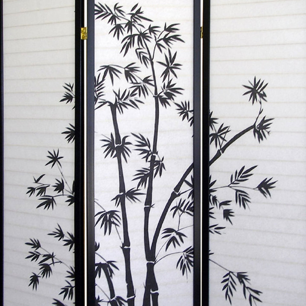 English Elm 70" Elegant Three-Panel Folding Screen With Bamboo Design, Black Finish - Perfect For Privacy & Style B072115974