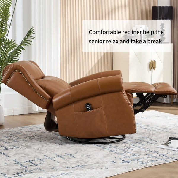 English Elm Heat Massage Swivel Rocker Recliner in Genuine Leather for Living Room Comfort W3224S00015