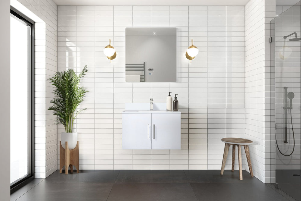 English Elm Glossy White Bath Vanity 30" W x 22" D with Cultured Marble Top, Soft-Close, Storage & Chrome Faucet Set B2731P258595