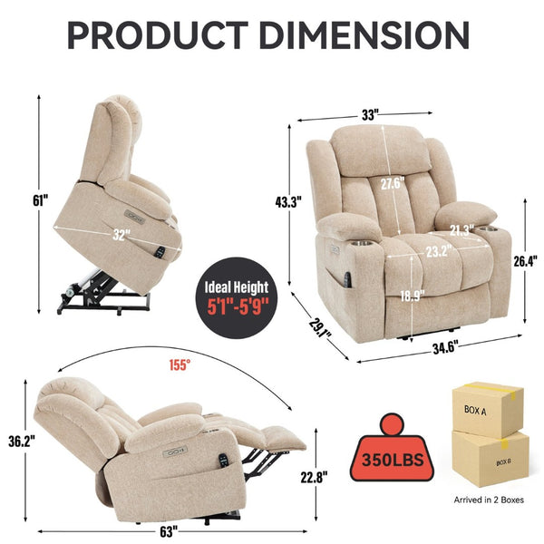 English Elm Up to 350 Lb Chenille Power Lift Recliner with Massage Heat and Charging Ports W1803S00072