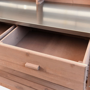 English Elm K&K 64.9" Outdoor Potting Bench with 1.2" Stainless Steel Top, Lockable Wheels, Hutch & Drawers Brown N707P228274Z