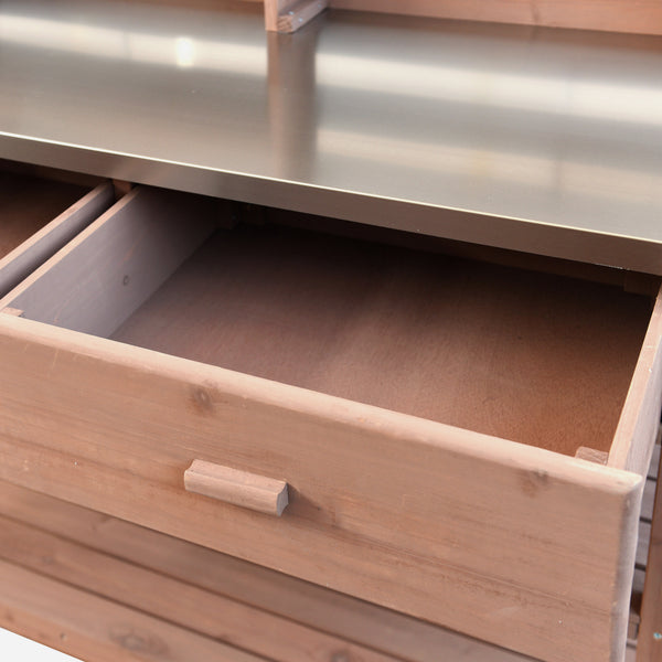 English Elm K&K 64.9" Outdoor Potting Bench with 1.2" Stainless Steel Top, Lockable Wheels, Hutch & Drawers Brown N707P228274Z