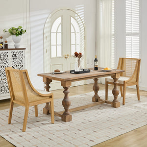 English Elm Rattan Solid Wood Dining Chair with Linen Seat and Decorative Armrests, Rustic Faux Rattan Elegance for Home Beige W1143P335052