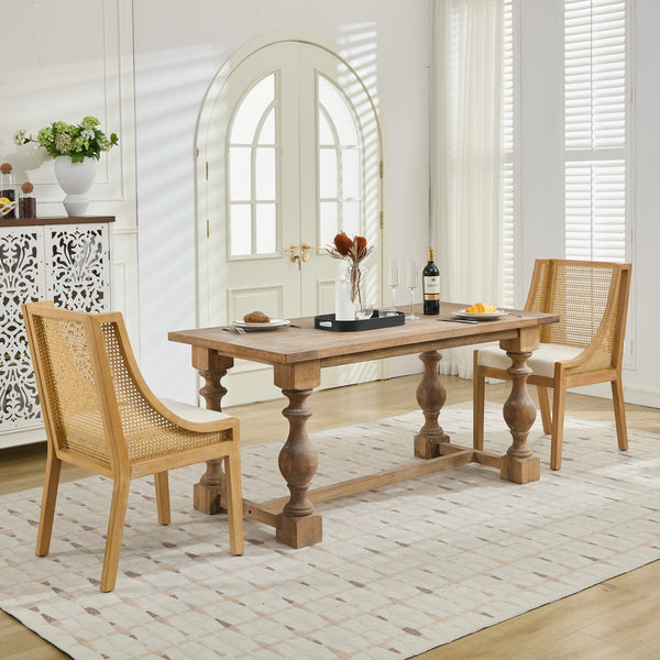 English Elm Rattan Solid Wood Dining Chair with Linen Seat and Decorative Armrests, Rustic Natural Finish Beige W1143P335052