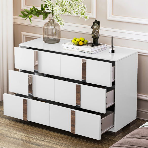 English Elm Elegant Mirrored Dresser with Metal Feet and 6 Spacious Drawers for Organized, Modern Living Spaces White 54.25 L x 20.75 W x 8.5 H N733P307943W