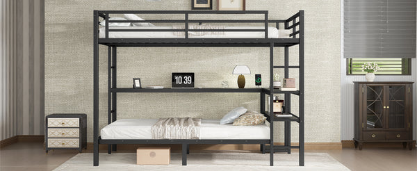 English Elm Full Over Twin Bunk Bed With Integrated Desk, Led Lighting & Usb Ports, Versatile Black Metal Design W1580S00127