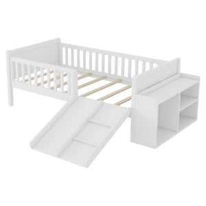 English Elm Twin Low Loft Kids Bed with Fun Slide Climbing Structure and Movable Bookshelf White W2593P437109