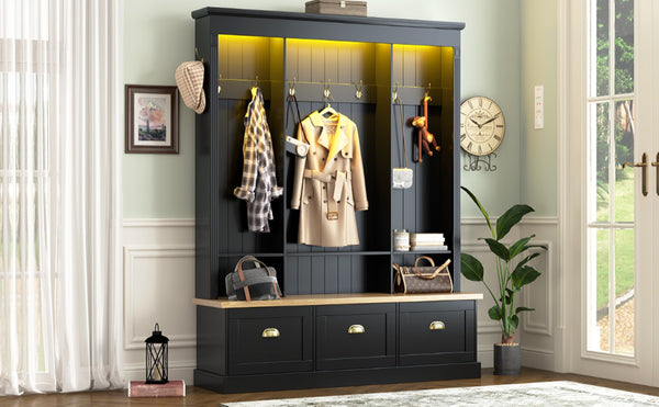 English Elm Farmhouse Hall Tree with Triple Arch Back Panel Eight Hooks Drawers and Entryway Bench Black N721S000062B