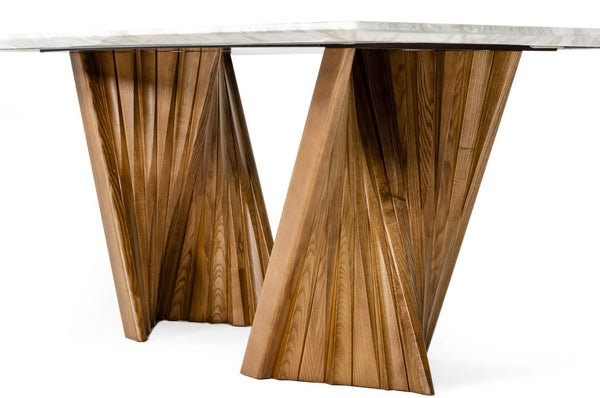 VIG Furniture Cadence Marble & Walnut Dining Table With Dual Pedestal Ash Base, Seats 8 — Mid‑Century Modern Statement VGCSDT-1571-MRB