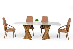 VIG Furniture Cadence Marble & Walnut Dining Table With Dual Pedestal Ash Base, Seats 8 — Mid‑Century Modern Statement VGCSDT-1571-MRB