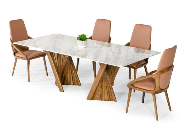 VIG Furniture Cadence Marble & Walnut Dining Table With Dual Pedestal Ash Base, Seats 8 — Mid‑Century Modern Statement VGCSDT-1571-MRB