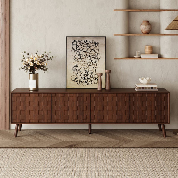 English Elm 70 Inch Fluted Entertainment Center Walnut Finish Solid Wood Legs Soft Close Storage N710P372582P