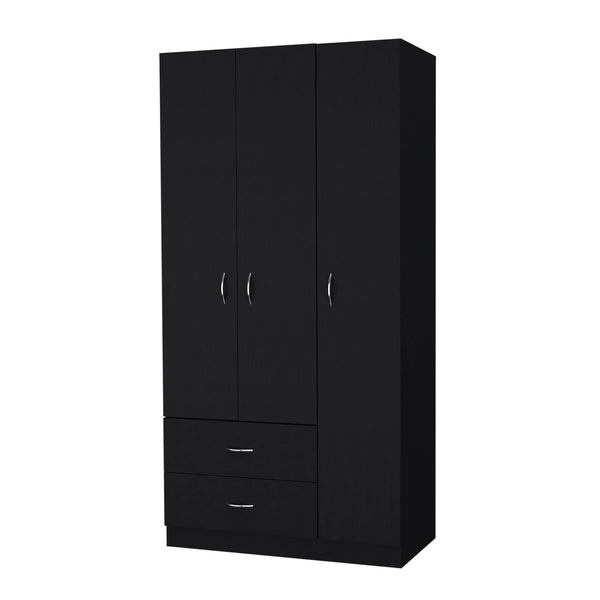 English Elm Eureka Spacious Three-Door Armoire with Two Drawers, Shelves and Rod for Organized Storage Black 39 L x 22 W x 5 H B128S00086