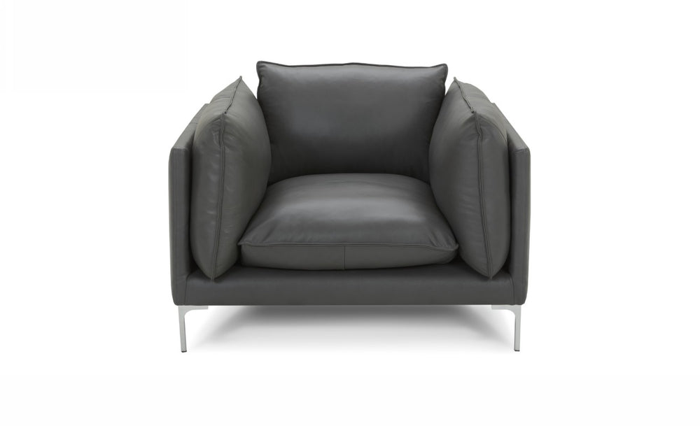 VIG Furniture Harvest Modern Grey Leather Armchair With Oversized Cushions, Chrome Legs, Tailored Self-Welt Design VGKKKF2627-L2925-CHR