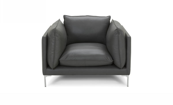 VIG Furniture Harvest Modern Grey Leather Armchair With Oversized Cushions, Chrome Legs, Tailored Self-Welt Design VGKKKF2627-L2925-CHR