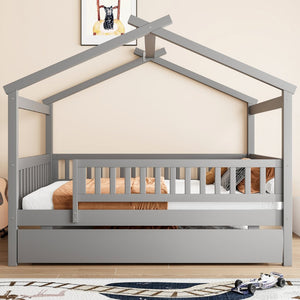 English Elm Full Size Pine House Bed with Roofline Frame and Roll Out Twin Trundle for Kids Gray LP100306AAE