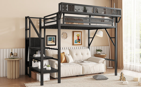 English Elm Twin Twin Size Loft Bed with Stairs and Built-In Shelves, Metal High Loft with Wardrobe for Kids Teens Black W2580S00035