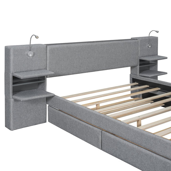 English Elm Queen Linen Upholstered Platform Bed with Storage Drawers, Trundle, Flip-Up Headboard & Lights Gray SF000187AAE
