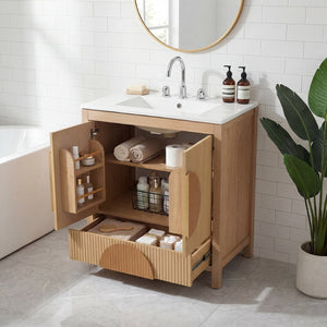 English Elm 30 Inch Fluted Freestanding Bathroom Vanity Solid Wood Soft Close Spa Style W5278S00004