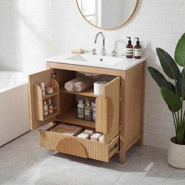 English Elm 30 Inch Fluted Freestanding Bathroom Vanity Solid Wood Soft Close Spa Style W5278S00004