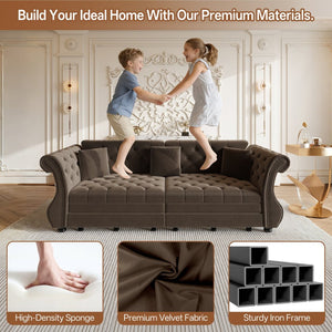 English Elm 97.6" Oversized Velvet Chesterfield Sleeper Sofa Floral Tufted Roll Arm Living Room Couch Brown W1885S00399