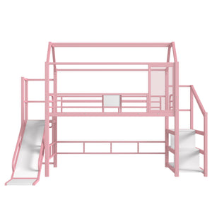 English Elm Twin House Loft Bed with Slide and Stairs, Metal Playhouse with Storage Shelves and Quiet Design Pink W1580S00349