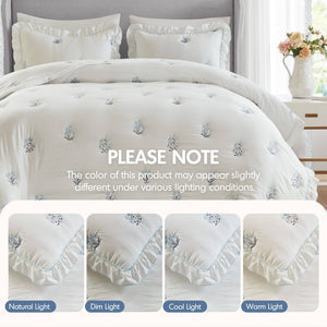 English Elm 3-piece Floral Embroidered Quilt Set Ruffled Trim Romantic Bedding for Full Queen Beds White+Blue B035P463190