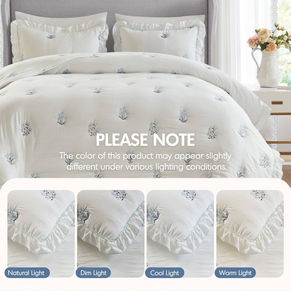 English Elm 3-piece Floral Embroidered Quilt Set Ruffled Trim Romantic Bedding for Full Queen Beds White+Blue B035P463190