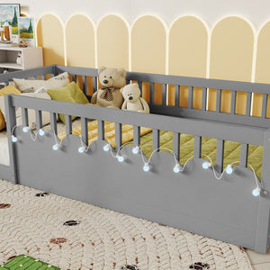 English Elm Twin Montessori Floor Bed Frame with High Rails and Built-In Light Shelf for Safe Independent Sleep Grey 79.13 L x 13 W x 6.3 H W2593P333797