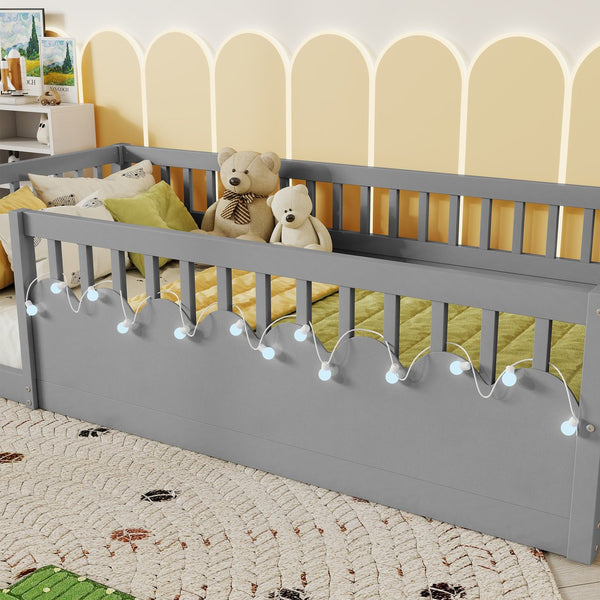 English Elm Twin Montessori Floor Bed Frame with High Rails and Built-In Light Shelf for Safe Independent Sleep Grey 79.13 L x 13 W x 6.3 H W2593P333797