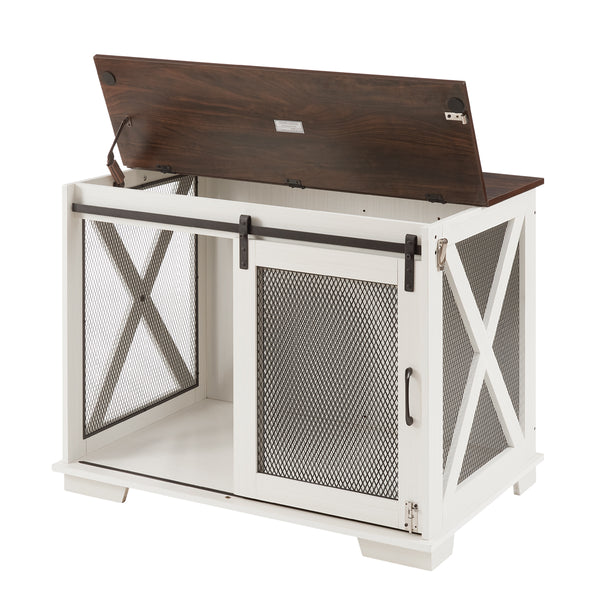 English Elm Farmhouse Dog Cage Crate Furniture with Sliding Barn Door, Secure Metal Latch, Flip-Up Top Access and Removable Divider for Small to Large Dogs (40.94x30.51x6.69) White W2275P164726