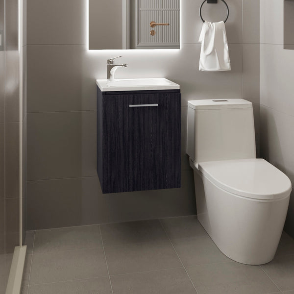 English Elm Saju 15.7" Floating One-Door Vanity Cabinet with Resin Sink, Black Wenge, Slim Modern Storage B200P335375