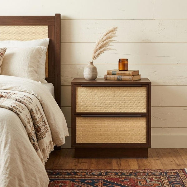 22 Inch Nightstand with Woven Texture Front Two Drawers for Bedroom Storage Furniture