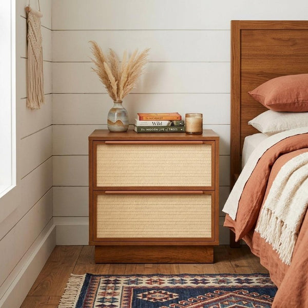 22 Inch Nightstand with Woven Texture Front Two Drawers for Bedroom Storage Furniture