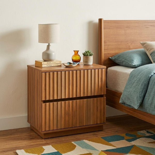 22 Inch Ribbed Two Drawer Nightstand with Wooden Texture for Modern Bedroom Storage