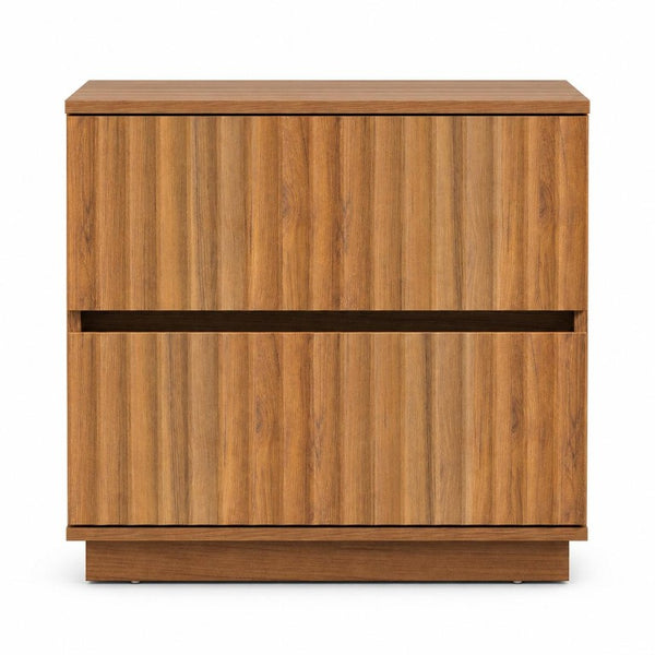 22 Inch Ribbed Two Drawer Nightstand with Wooden Texture for Modern Bedroom Storage