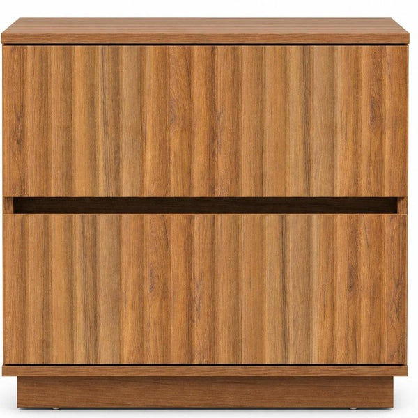 22 Inch Ribbed Two Drawer Nightstand with Wooden Texture for Modern Bedroom Storage