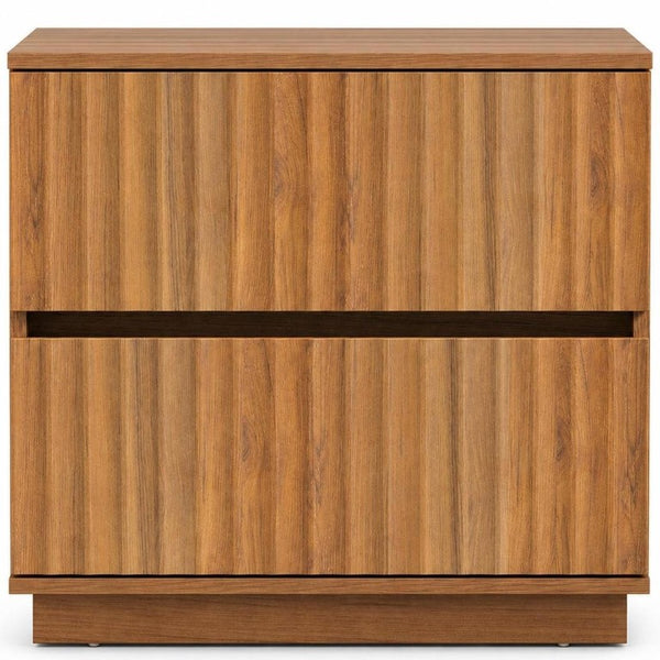 22 Inch Ribbed Two Drawer Nightstand with Wooden Texture for Modern Bedroom Storage