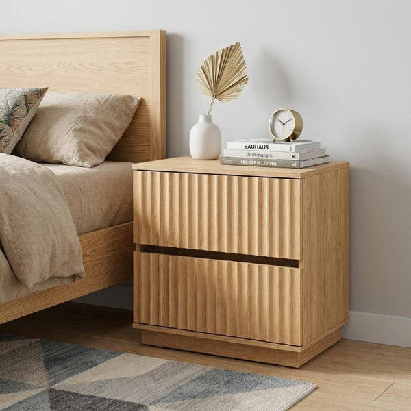 22 Inch Ribbed Two Drawer Nightstand with Wooden Texture for Modern Bedroom Storage