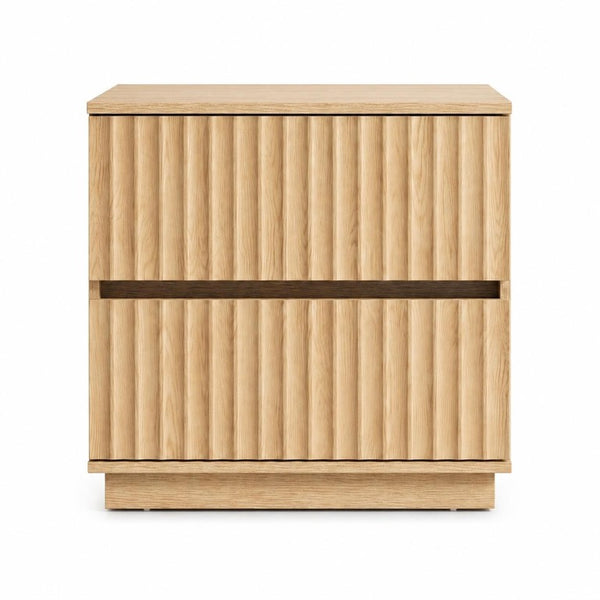 HomeRoots 22 Inch Ribbed Two Drawer Nightstand with Wooden Texture for Modern Bedroom Storage Natural Wood 772552