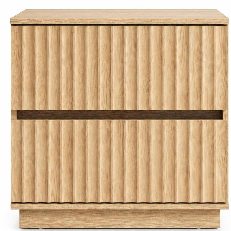 HomeRoots 22 Inch Ribbed Two Drawer Nightstand with Wooden Texture for Modern Bedroom Storage Natural Wood 772552