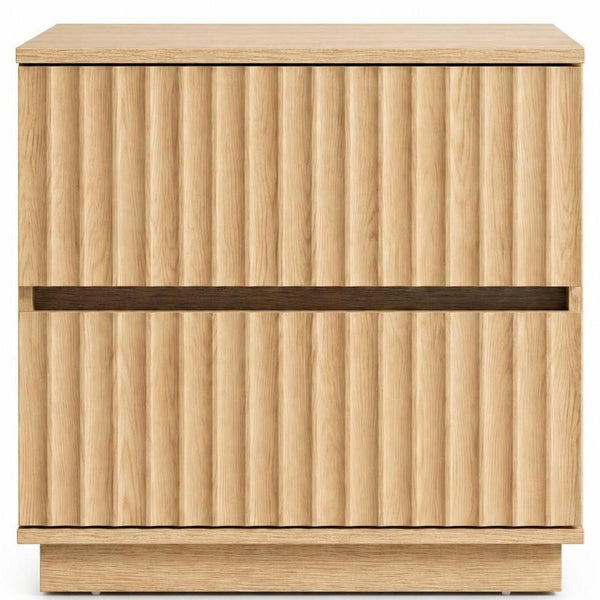 22 Inch Ribbed Two Drawer Nightstand with Wooden Texture for Modern Bedroom Storage