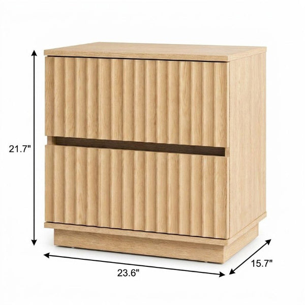 22 Inch Ribbed Two Drawer Nightstand with Wooden Texture for Modern Bedroom Storage