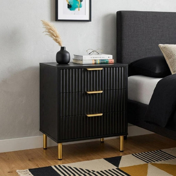 24 Inch Wood Three Drawer Nightstand with Ribbed Texture Detail for Modern Bedroom Storage