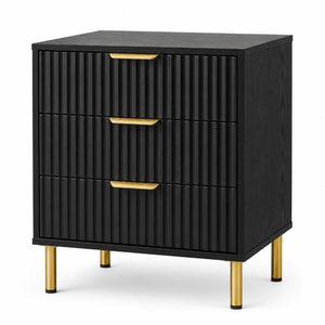 HomeRoots 24 Inch Wood Three Drawer Nightstand with Ribbed Texture Detail for Modern Bedroom Storage Black 772556