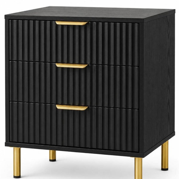 24 Inch Wood Three Drawer Nightstand with Ribbed Texture Detail for Modern Bedroom Storage
