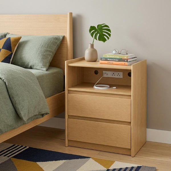 24 Inch Wood Two Drawer Nightstand with Usb Charging Port for Modern Bedroom Storage